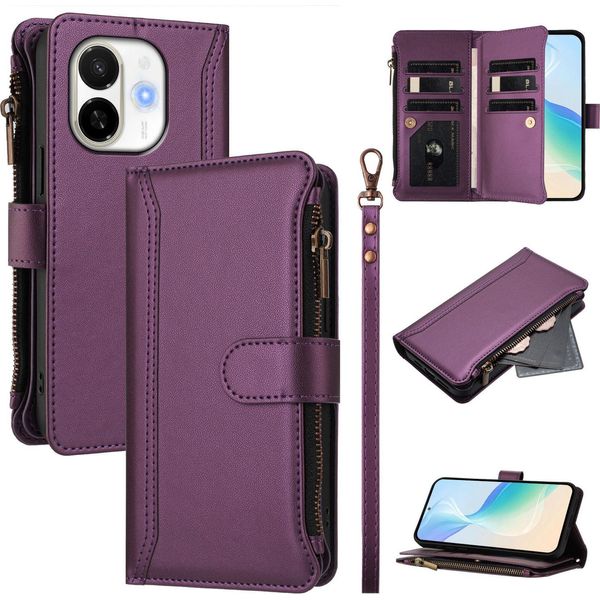 Custodia Per Tecno Spark 30C 5G/Pop 9 5G, Con Cerniera, Portafoglio Custodia Flip In Finto Cuoio Con Tasche Per Carte, Supporto E Passante Per Mano Viola-image