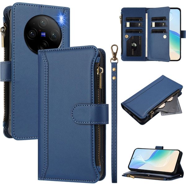 Custodia Per Vivo X100 Pro/X100S Pro, Con Cerniera, Portafoglio Custodia Flip In Finto Cuoio Con Tasche Per Carte, Supporto E Passante Per Mano Blu-image