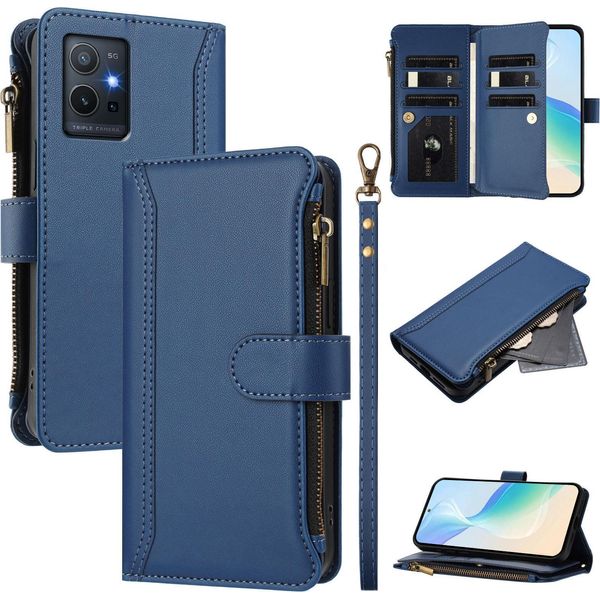 Custodia Per Vivo Y55 5G, Con Cerniera, Portafoglio In Finto Cuoio Con Tasche Per Carte, Supporto E Passante Blu-image