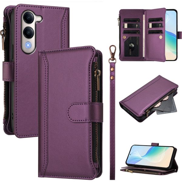 Custodia Per Vivo Y29S, Con Cerniera, Portafoglio In Finto Cuoio Con Tasche Per Carte, Supporto E Passante Per La Mano Purple-image