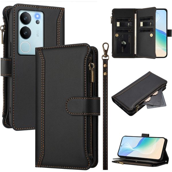 Custodia Per Vivo V29E/V30 Lite 5G, Flip Case In Finto Cuoio Con Cerniera E Portafoglio, Con Tasche Per Carte, Supporto E Passante Per La Mano Nero-image