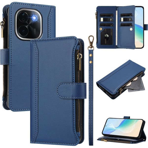 Custodia Per Vivo T3 Pro, Con Cerniera, Portafoglio Custodia Flip In Finto Cuoio Con Tasche Per Carte, Supporto E Passante Per Mano Blu-image