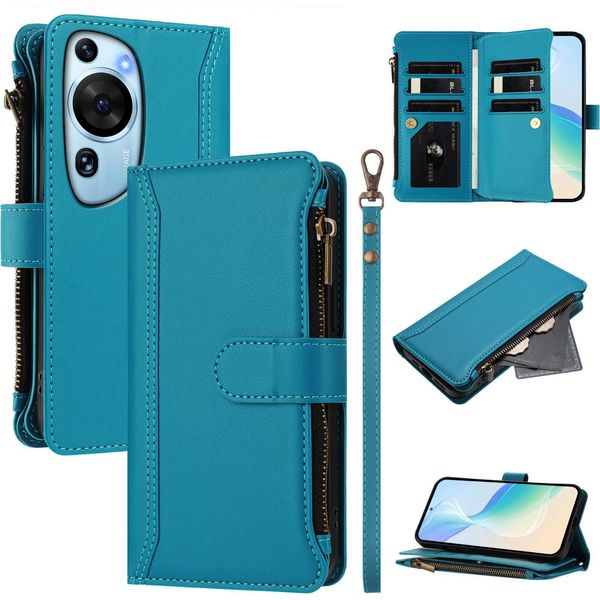 Custodia Per Huawei P60 Art, Con Cerniera, Portafoglio Custodia Flip In Finto Cuoio Con Tasche Per Carte, Supporto E Passante Per La Mano Lago Blu-image