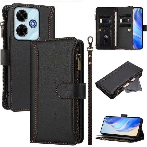Custodia Per Xiaomi Poco M6 4G/Redmi 13/Redmi 13 5G, Con Cerniera, Portafoglio In Finto Cuoio Con Tasche Per Carte, Supporto E Passante Per Mano Nero-image