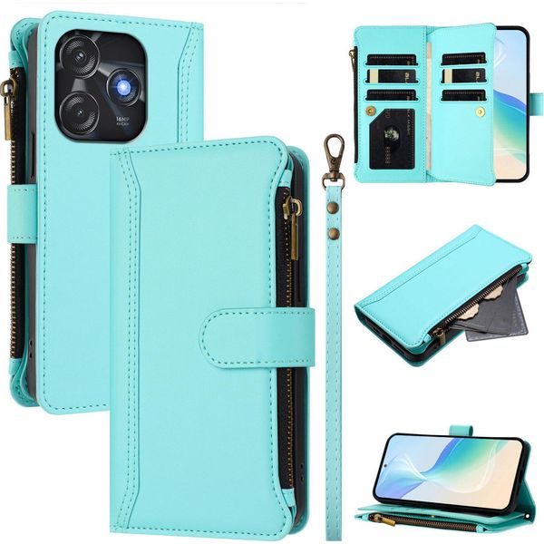 Custodia Per Tecno Spark 10C/Spark 10 4G, Con Cerniera, Portafoglio Custodia Flip In Finto Cuoio Con Tasche Per Carte, Supporto E Passante Per La Mano Verde Menta-image