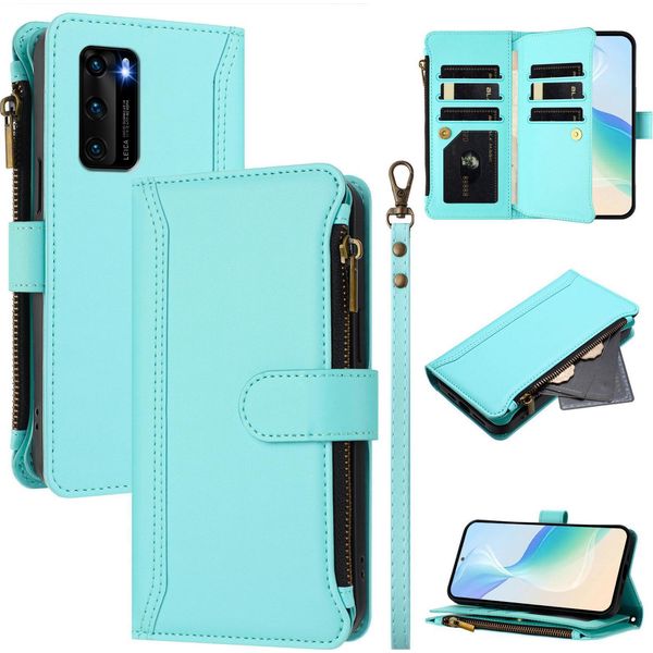 Custodia Per Huawei P40, Con Cerniera, Portafoglio In Finto Cuoio Con Tasche Per Carte, Supporto E Passante Per La Mano Verde Menta-image