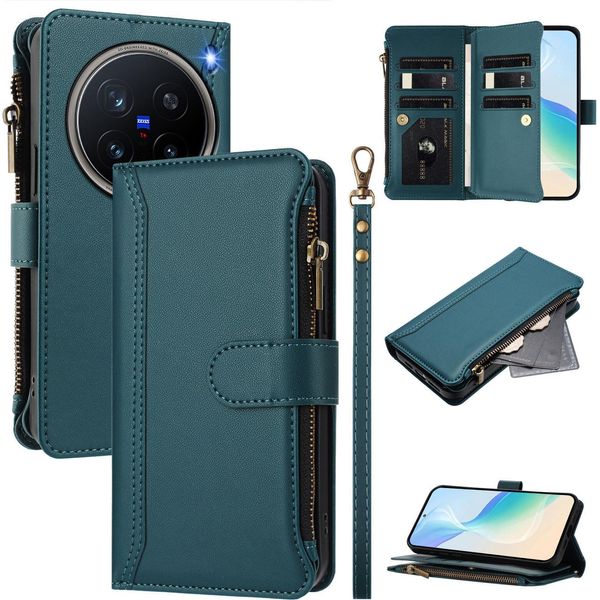 Custodia Per Vivo X200 Ultra, Con Cerniera, Portafoglio Custodia Flip In Finto Cuoio Con Tasche Per Carte, Supporto E Passante Per La Mano Verde-image