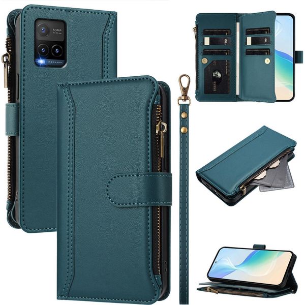 Custodia Per Vivo Y33S 4G, Con Cerniera, Portafoglio Custodia Flip In Finto Cuoio Con Tasche Per Carte, Supporto E Passante Per La Mano Verde-image