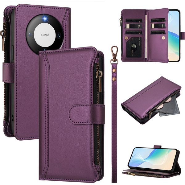 Custodia Per Huawei Mate 60 Pro/Mate 60 Pro+, Con Cerniera, Portafoglio In Finto Cuoio Con Tasche Per Carte, Supporto E Passante Per La Mano Viola-image