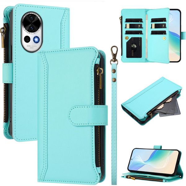 Custodia Per Huawei Nova 13, Con Cerniera, Portafoglio In Finto Cuoio Con Tasche Per Carte, Supporto E Passante Per La Mano Verde Menta-image