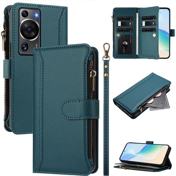 Custodia Per Huawei P60/P60 Pro, Con Cerniera, Portafoglio In Finto Cuoio Con Tasche Per Carte, Supporto E Passante Per Mano Verde-image