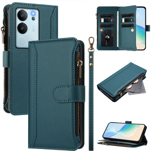 Custodia Per Vivo V29E/V30 Lite 5G, Con Cerniera, Portafoglio Custodia Flip In Finto Cuoio Con Tasche Per Carte, Supporto E Passante Per La Mano Verde-image