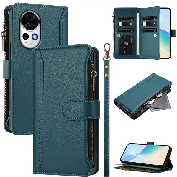 Custodia Per Huawei Nova 13, Con Cerniera, Portafogli In Finto Cuoio Con Tasche Per Carte, Supporto E Passante Verde-image