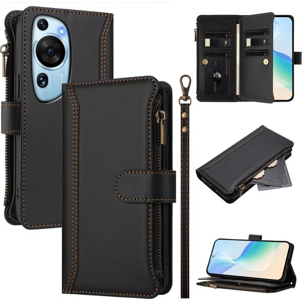 Custodia Per Huawei P60 Art, Con Cerniera, Portafoglio Custodia Flip In Finto Cuoio Con Tasche Per Carte, Supporto E Passante Per Mano Nero-image