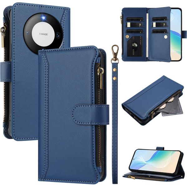 Custodia Per Huawei Mate 60, Con Cerniera, Portafoglio In Finto Cuoio Con Tasche Per Carte, Supporto E Passante Per La Mano Blu-image