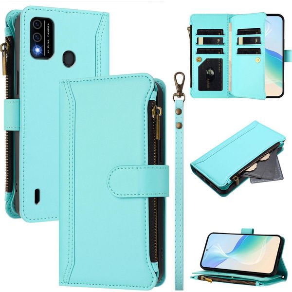 Custodia Per Itel A48, Con Cerniera, Portafoglio Custodia Flip In Finto Cuoio Con Tasche Per Carte, Supporto E Passante Per Mano Verde Menta-image