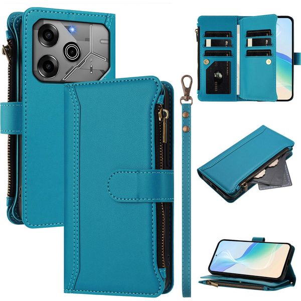 Custodia Per Tecno Spark 6 Go/Spark Go 2020/Spark Go 2021, Flip Case In Finto Cuoio Con Cerniera, Portafoglio, Tasche Per Carte, Supporto E Passante Per Mani Lake Blu-image