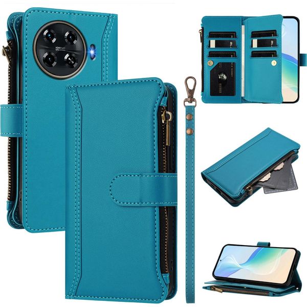 Custodia Per Tecno Spark 20 Pro+, Con Cerniera, Portafoglio Custodia Flip In Finto Cuoio Con Tasche Per Carte, Supporto E Passante Per Mani Lake Blu-image