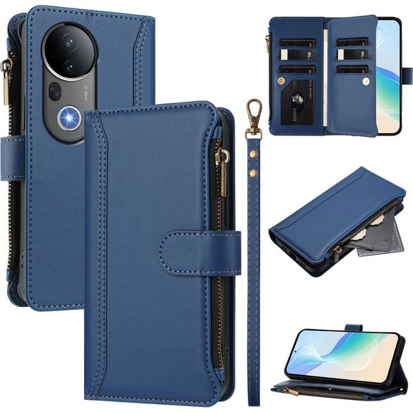 Custodia Per Vivo S20 Pro, Con Cerniera, Portafoglio Custodia Flip In Finto Cuoio Con Tasche Per Carte, Supporto E Passante Per Mano Blu-image