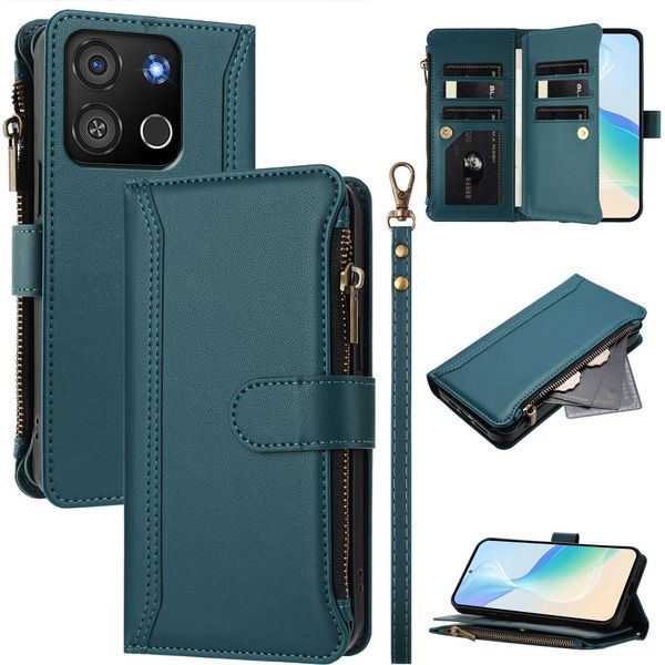 Custodia Per Itel A05S, Con Cerniera, Portafoglio Custodia Flip In Finto Cuoio Con Tasche Per Carte, Supporto E Passante Per Mano Verde-image