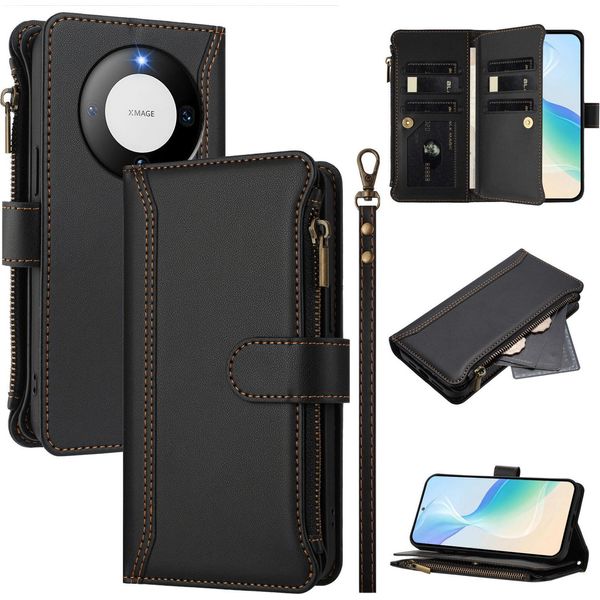 Custodia Per Huawei Mate 60 Pro/Mate 60 Pro+, Con Cerniera, Portafoglio In Finto Cuoio Con Tasche Per Carte, Supporto E Passante Per La Mano Nero-image