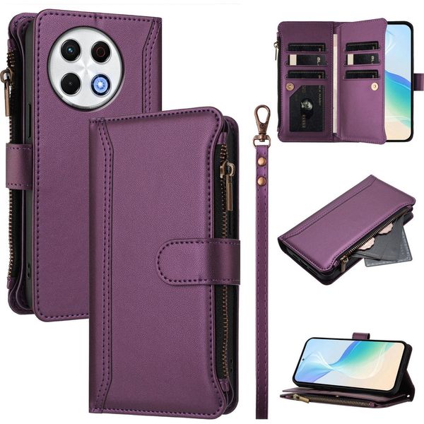 Custodia Per Tecno Spark 30 Pro, Con Cerniera, Portafoglio Custodia Flip In Finto Cuoio Con Tasche Per Carte, Supporto E Passante Per La Mano Viola-image