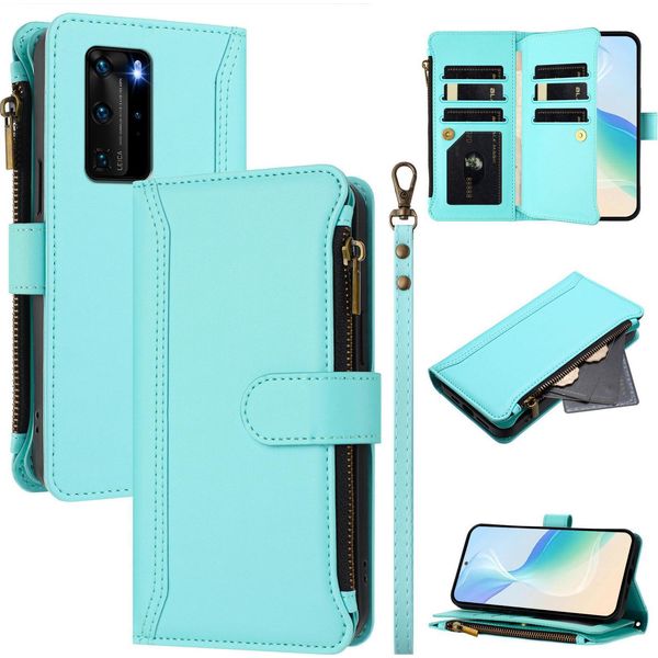 Custodia Per Huawei P40 Pro, Con Cerniera, Portafoglio In Finto Cuoio Con Tasche Per Carte, Supporto E Passante Per La Mano Verde Menta-image