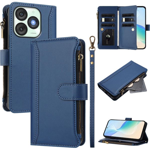 Custodia Per Itel A50, Con Cerniera, Portafoglio Custodia Flip In Finto Cuoio Con Tasche Per Carte, Supporto E Passante Per Mano Blu-image