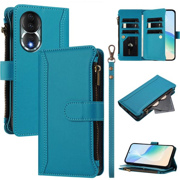Custodia Per Honor 80, Con Cerniera, Portafoglio Custodia Flip In Finto Cuoio Con Tasche Per Carte, Supporto E Passante Per La Mano Lago Blu-image