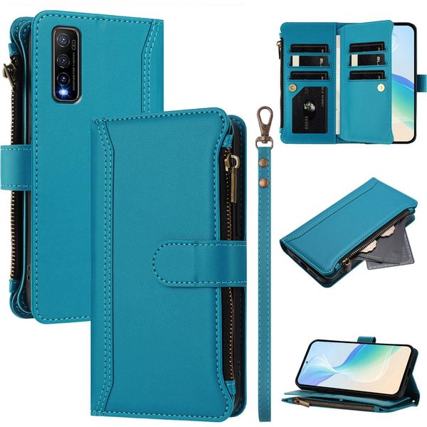 Custodia Per Vivo Y70S, Con Cerniera, Portafoglio Custodia Flip In Finto Cuoio Con Tasche Per Carte, Supporto E Passante Per Mano Lago Blu-image