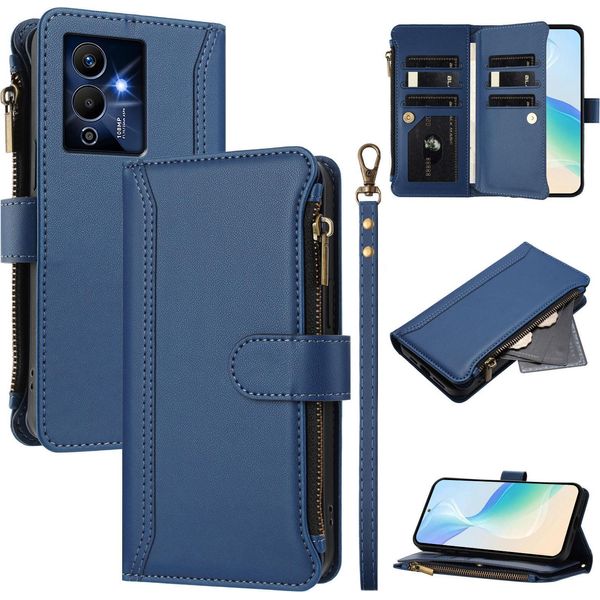 Custodia Per Infinix Note 12 Pro 5G, Con Cerniera, Portafoglio In Finto Cuoio Con Tasche Per Carte, Supporto E Passante Per La Mano Blu-image