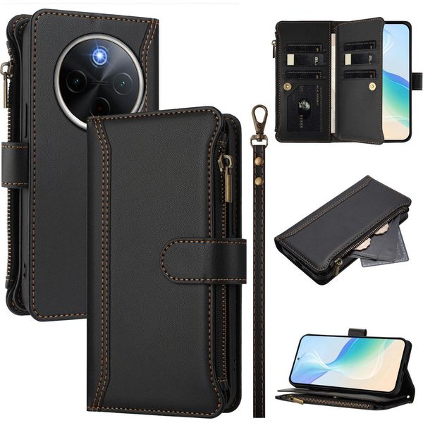 Custodia Per Vivo Y300 Pro, Con Cerniera, Portafoglio Custodia Flip In Finto Cuoio Con Tasche Per Carte, Supporto E Passante Per La Mano Nera-image