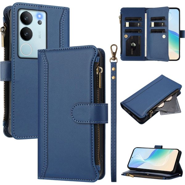 Custodia Per Vivo V29E/V30 Lite 5G, Con Cerniera, Portafoglio Custodia Flip In Finto Cuoio Con Tasche Per Carte, Supporto E Passante Per Mano Blu-image