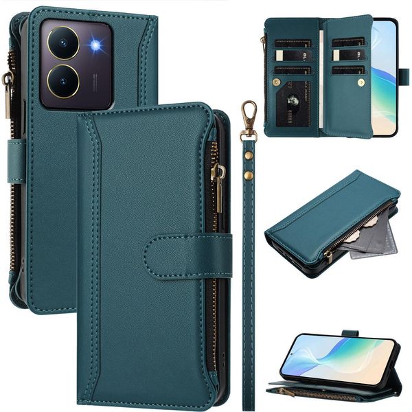 Custodia Per Vivo Y36 4G, Con Cerniera, Portafoglio In Finto Cuoio Con Tasche Per Carte, Supporto E Passante Per La Mano Verde-image