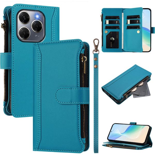 Custodia Per Tecno Spark 20 Pro 5G, Con Cerniera, Portafoglio, Custodia Flip In Finto Cuoio Con Tasche Per Carte, Supporto E Passante Per Mani Lake Blu-image