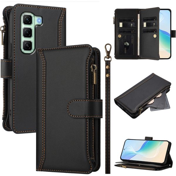 Custodia Per Infinix Hot 50 5G, Con Cerniera, Portafoglio Custodia Flip In Finto Cuoio Con Tasche Per Carte, Supporto E Passante Per Mano Nero-image