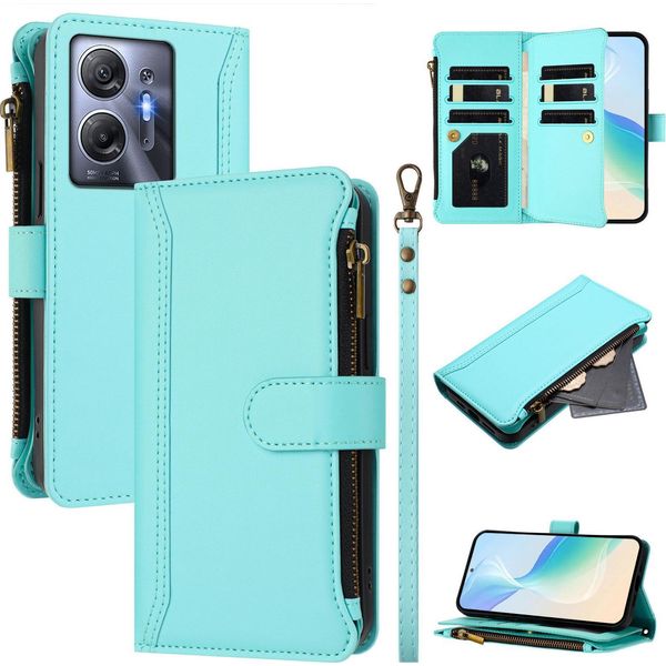 Custodia Per Infinix Hot 30 5G, Con Cerniera, Custodia Flip Wallet In Finto Cuoio Con Tasche Per Carte, Supporto E Passante Per Mano Verde Menta-image