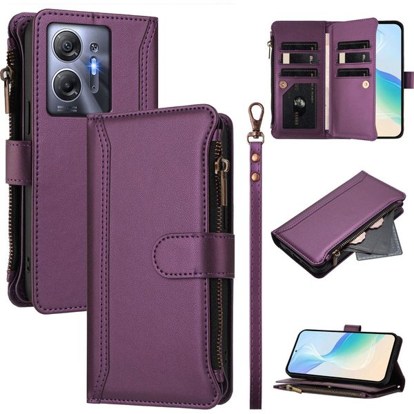 Custodia Per Infinix Hot 30 5G, Con Cerniera, Portafoglio, Custodia Flip In Finto Cuoio Con Tasche Per Carte, Supporto E Passante Per La Mano Viola-image