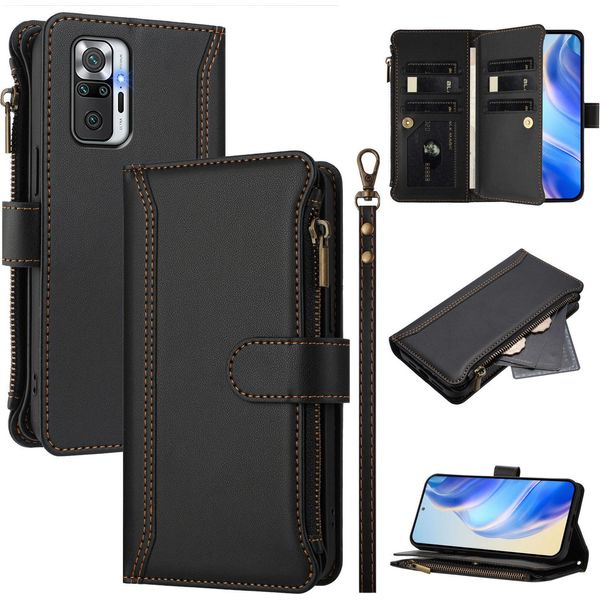 Custodia Per Xiaomi Redmi Note 10 Pro/Note 10 Pro Max, Con Cerniera, Portafoglio In Finto Cuoio Flip Case Con Tasche Per Carte, Supporto E Passante Per Mano Nero-image