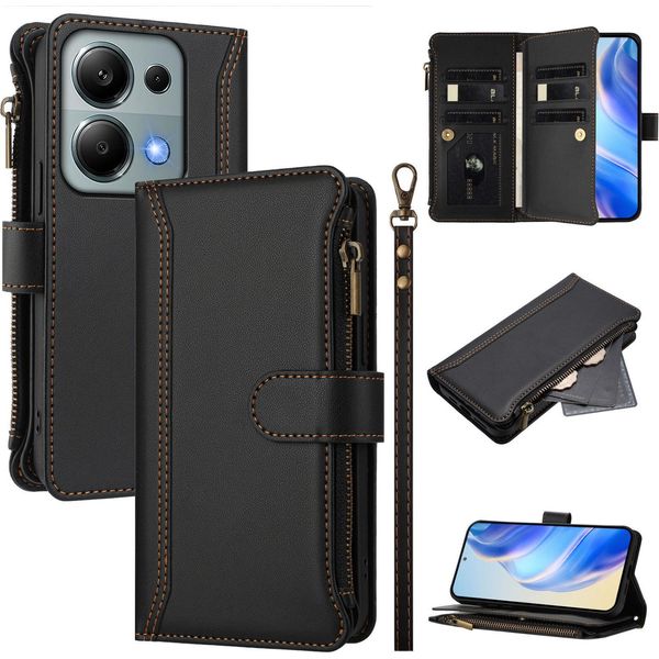 Custodia Per Xiaomi Redmi Note 13 Pro 4G/Poco M6 Pro 4G, Con Cerniera, Portafoglio In Finto Cuoio Con Tasche Per Carte, Supporto E Passante Per Mano Nero-image