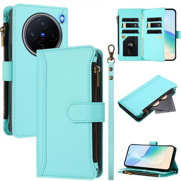 Custodia Per Vivo X200, Con Cerniera, Portafoglio Custodia Flip In Finto Cuoio Con Tasche Per Carte, Supporto E Passante Per Mano Verde Menta-image