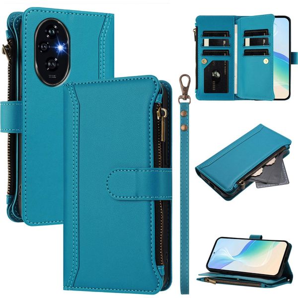 Custodia Per Honor 200, Con Cerniera, Portafoglio Custodia Flip In Finto Cuoio Con Tasche Per Carte, Supporto E Passante Per La Mano Lago Blu-image
