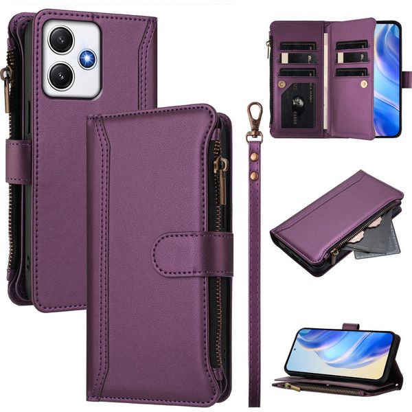Custodia Per Xiaomi Redmi 12/Redmi 12 5G/Poco M6 Pro 5G, Con Cerniera, Portafoglio Custodia Flip In Finto Cuoio Con Tasche Per Carte, Supporto E Passante Per Mano Viola-image