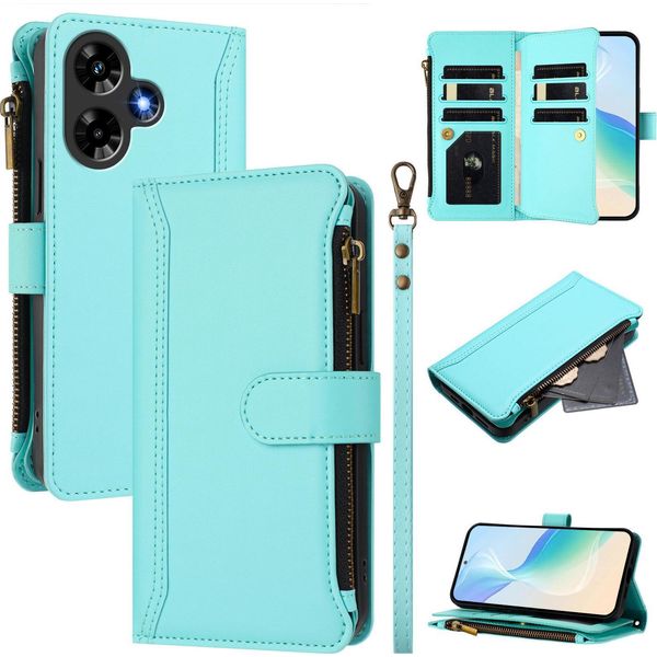 Custodia Per Infinix Hot 30 4G, Con Cerniera, Custodia Flip Wallet In Finto Cuoio Con Tasche Per Carte, Supporto E Passante Per Mano Verde Menta-image