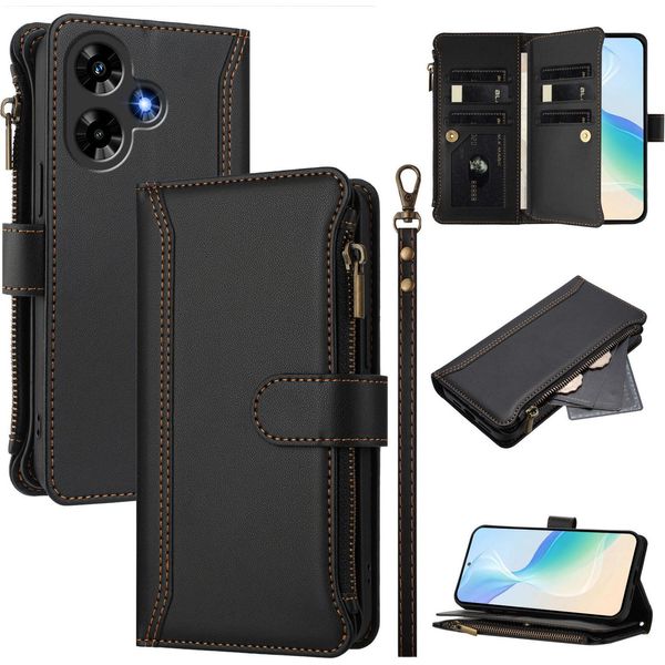 Custodia Per Infinix Hot 30 4G, Con Cerniera, Portafoglio In Finto Cuoio Con Tasche Per Carte, Supporto E Passante Per La Mano Nero-image