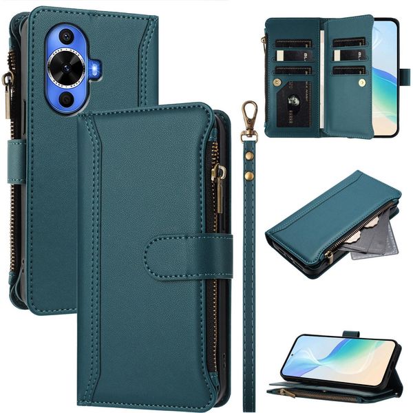 Custodia Per Huawei Nova 12S, Con Cerniera, Portafogli In Finto Cuoio Con Tasche Per Carte, Supporto E Passante Verde-image