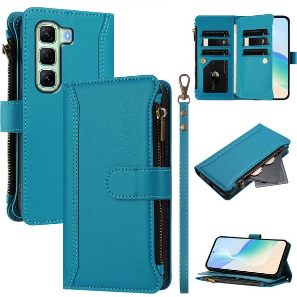 Custodia Per Infinix Hot 50 5G, Con Cerniera, Portafoglio In Finto Cuoio Con Tasche Per Carte, Supporto E Passante Per La Mano Lake Blu-image