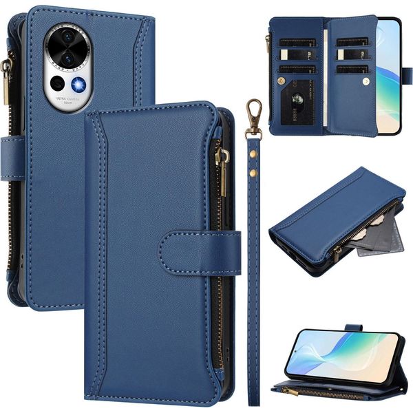 Custodia Per Huawei Nova 13, Con Cerniera, Portafoglio In Finto Cuoio Con Tasche Per Carte, Supporto E Passante Per Mano Blu-image