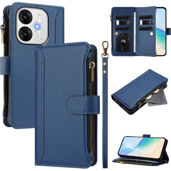 Custodia Per Itel A80, Con Cerniera, Portafoglio Custodia Flip In Finto Cuoio Con Tasche Per Carte, Supporto E Passante Per Mano Blu-image