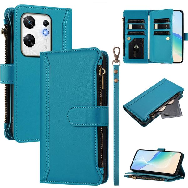 Custodia Per Infinix Zero 30 4G, Con Cerniera, Portafoglio Custodia Flip In Finto Cuoio Con Tasche Per Carte, Supporto E Passante Per Mani Lake Blu-image